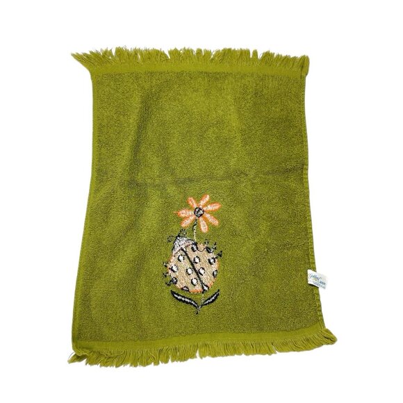 Golden Crown Fringed Fingertip Towel Embroidered Ladybug Flower Green - Picture 4 of 7